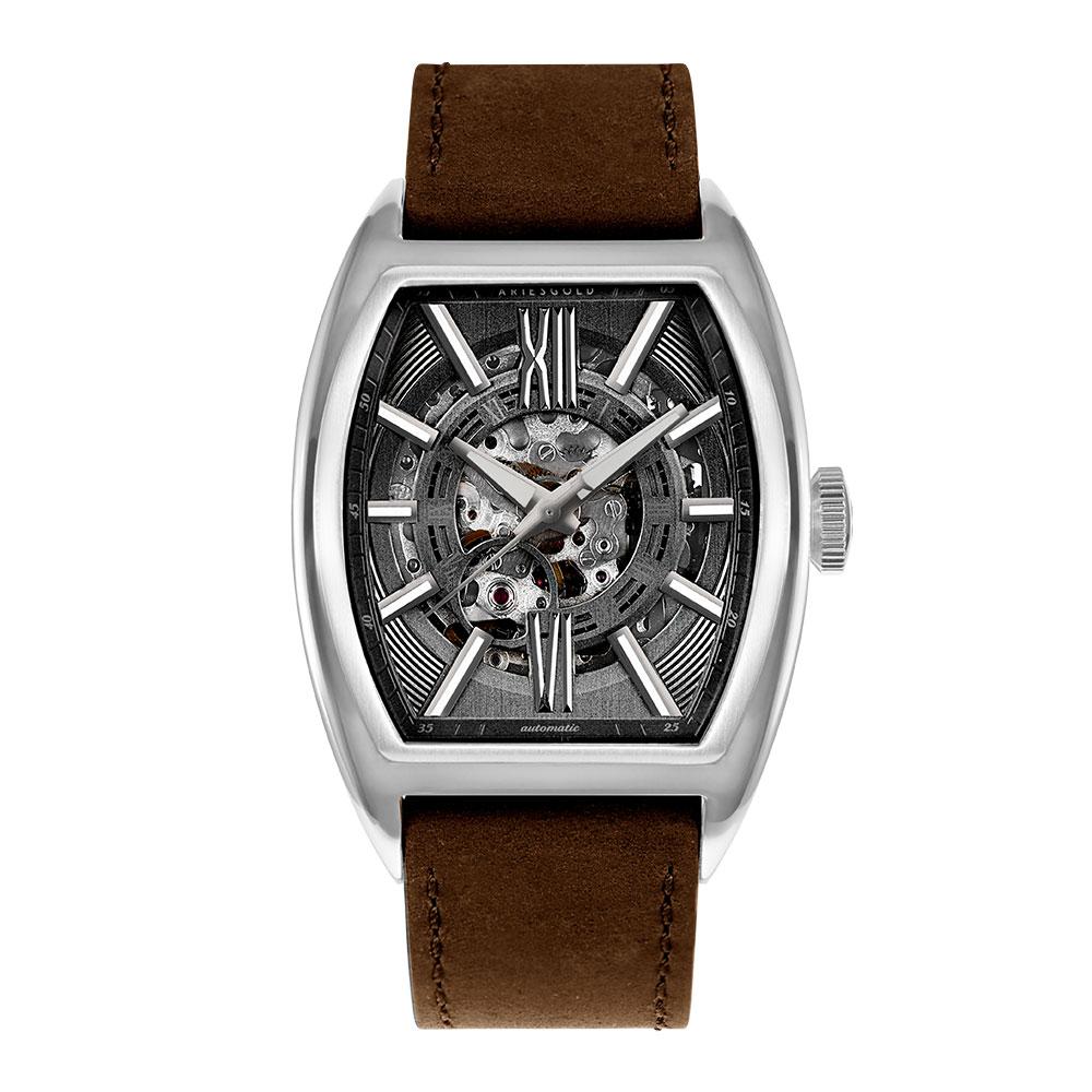 ARIES GOLD AUTOMATIC INFINUM CRUISER SILVER STAINLESS STEEL G 9018 S-GY BROWN LEATHER STRAP MEN'S WATCH